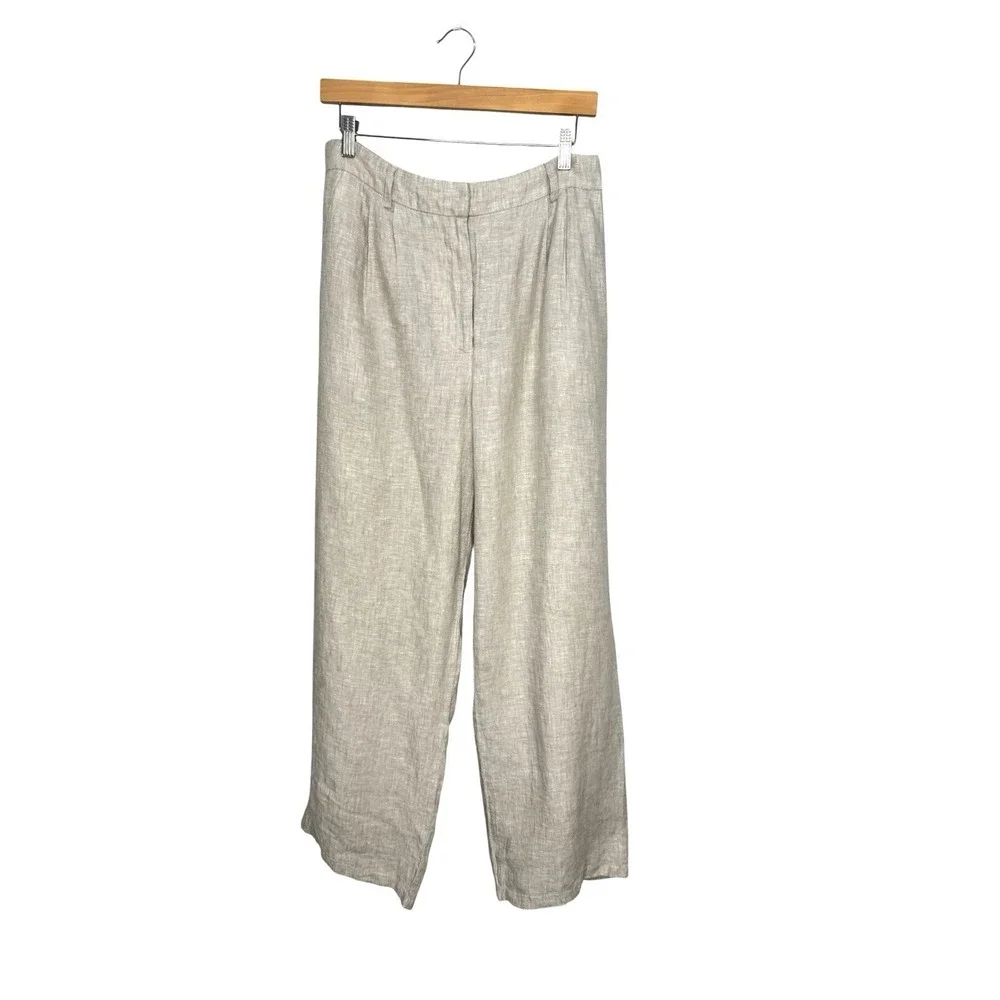 Quince European Linen Flax Trousers Women's  Size 12 Wide Leg Pleated Beige NWT